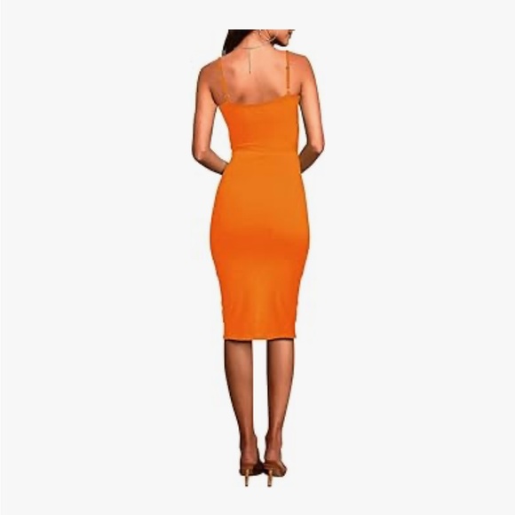 Spaghetti Strap Cutout Side Slit Ribbed Knee Length Bodycon Midi Dress - Picture 2 of 3